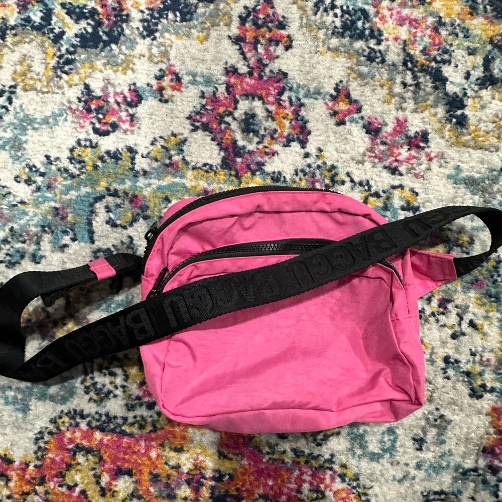 BAGGU Pink Crossbody Bag with Black Strap
